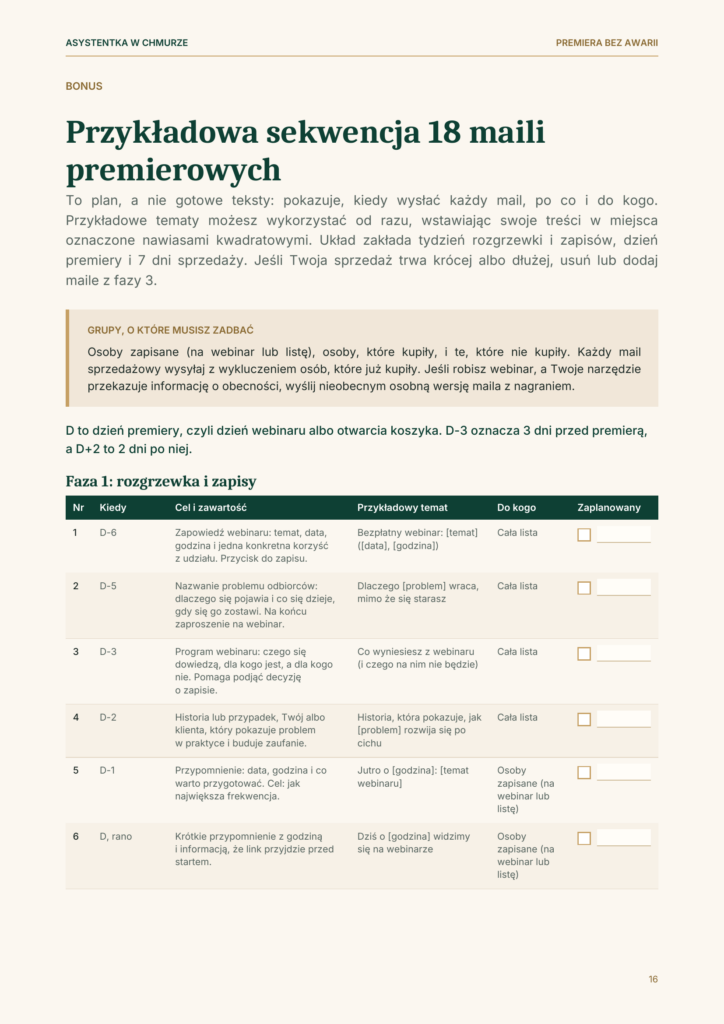 Strona ebooka z planem sekwencji maili premierowych: kiedy, po co i do kogo
